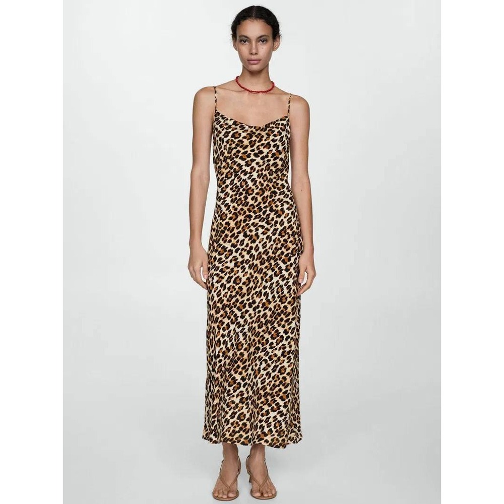 Mango Women Kendal Brown Leopard Print Cowl Neck Midi Slip Dress Size 6